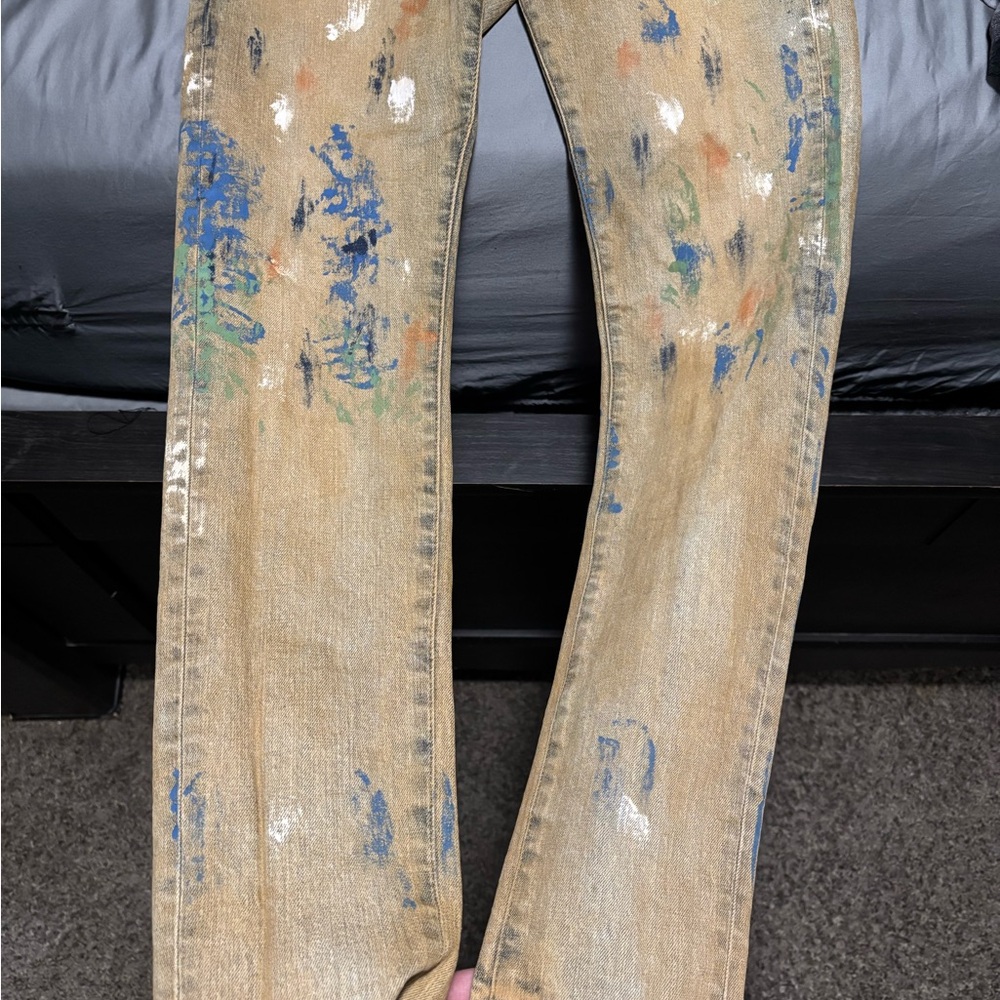 Paint-Splattered Tan Jeans